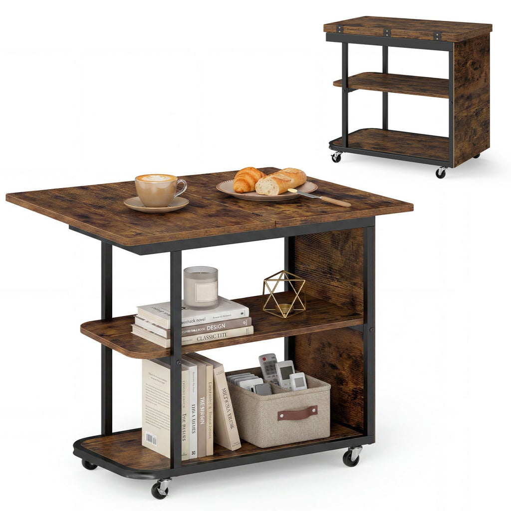 Mobile Side Table with Foldable Swivel Top and 2-Tier Shelf