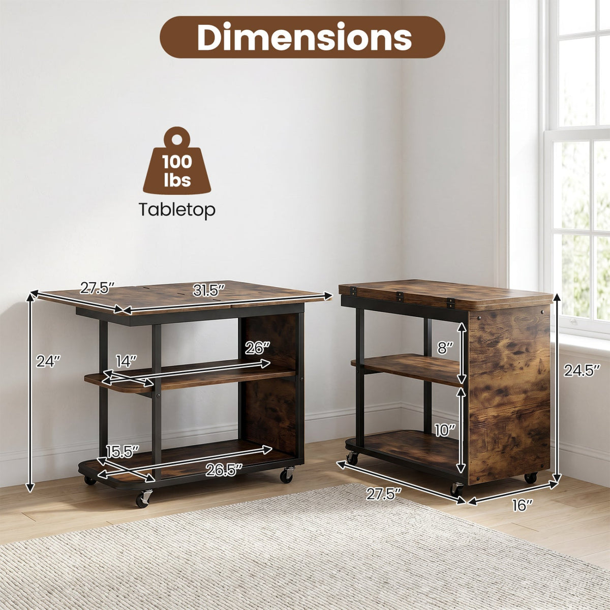 Mobile Side Table with Foldable Swivel Top and 2-Tier Shelf