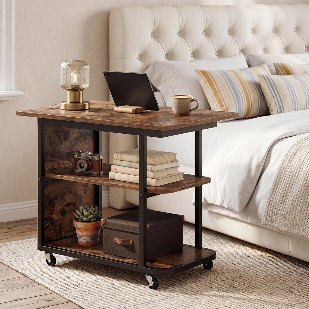 Mobile Side Table with Foldable Swivel Top and 2-Tier Shelf