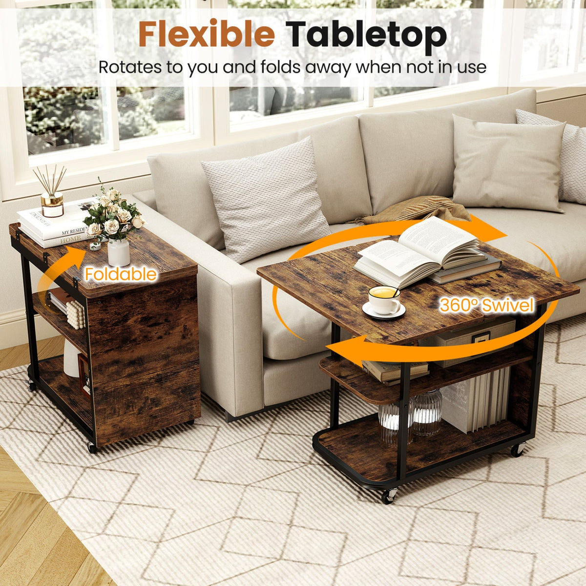 Mobile Side Table with Foldable Swivel Top and 2-Tier Shelf