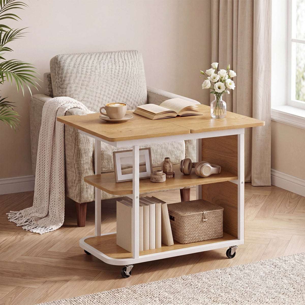 Mobile Side Table with Foldable Swivel Top and 2-Tier Shelf