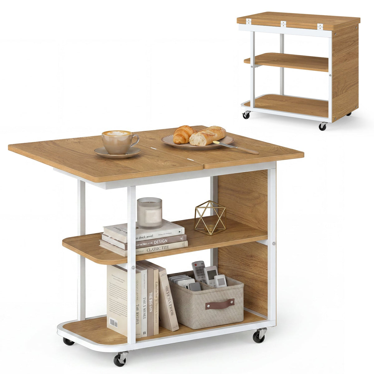 Mobile Side Table with Foldable Swivel Top and 2-Tier Shelf