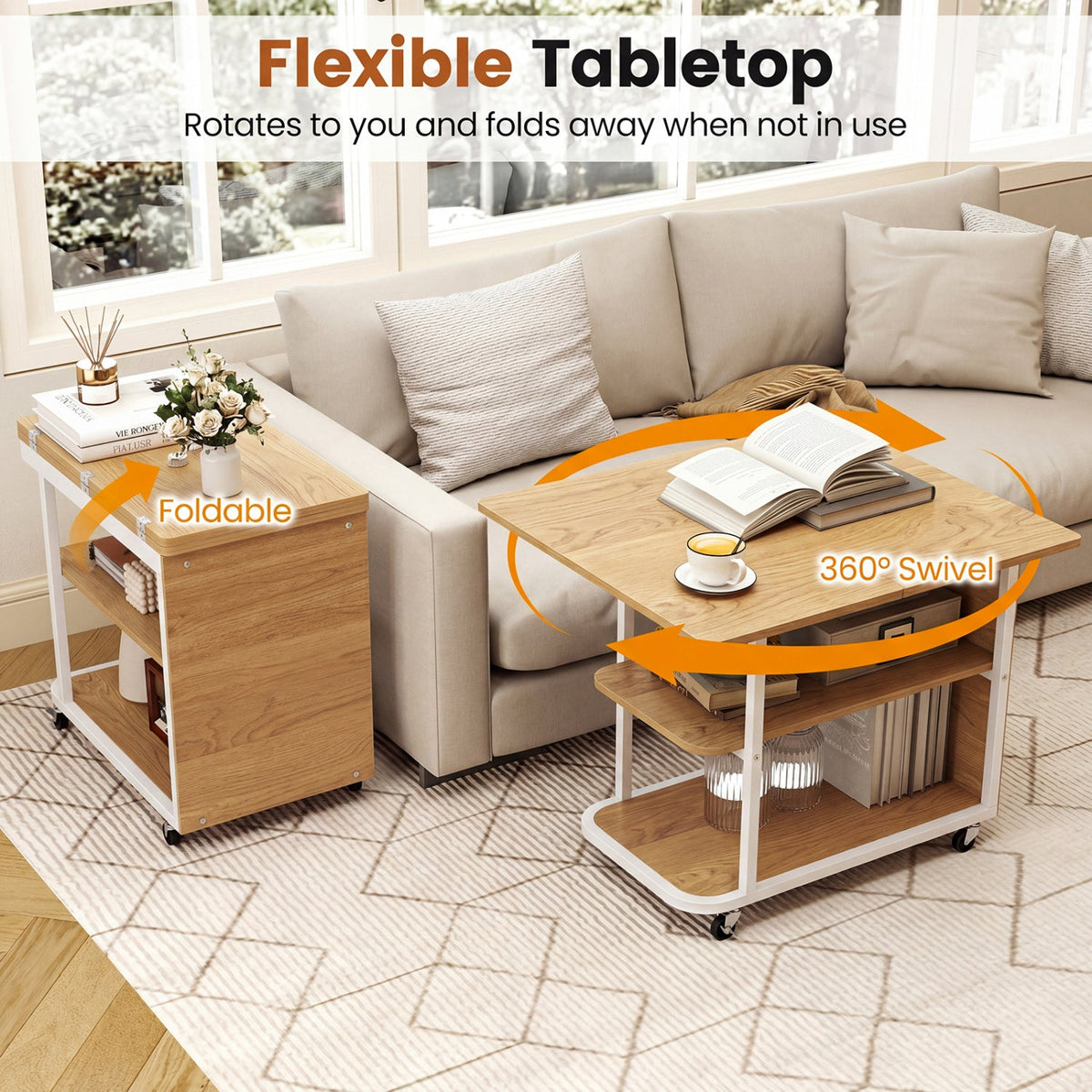 Mobile Side Table with Foldable Swivel Top and 2-Tier Shelf